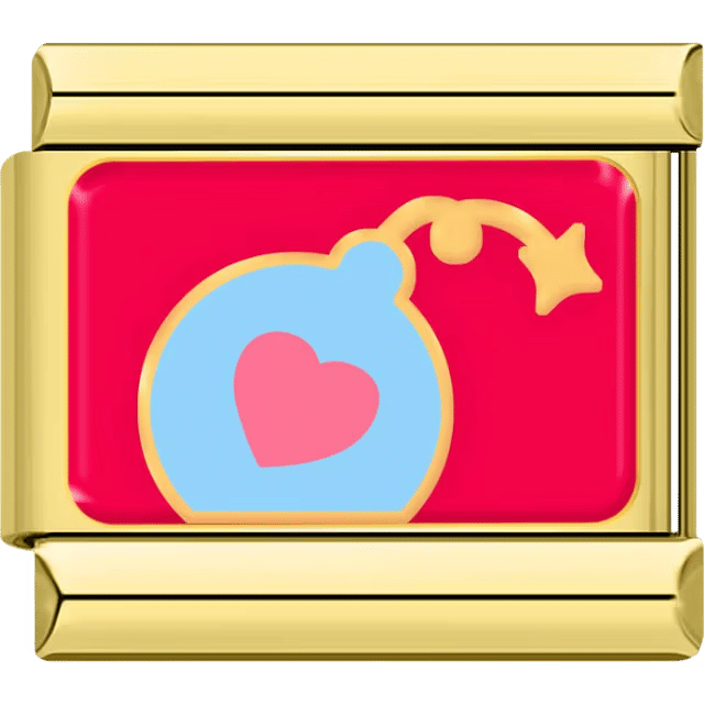 Blue love bomb with pink heart graphic on red background, on a gold Italian charm link